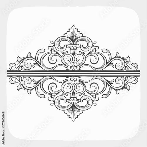 The illustration depicts an ornate symmetrical design with intricate patterns and swirling shapes forming a decorative motif on a white background.