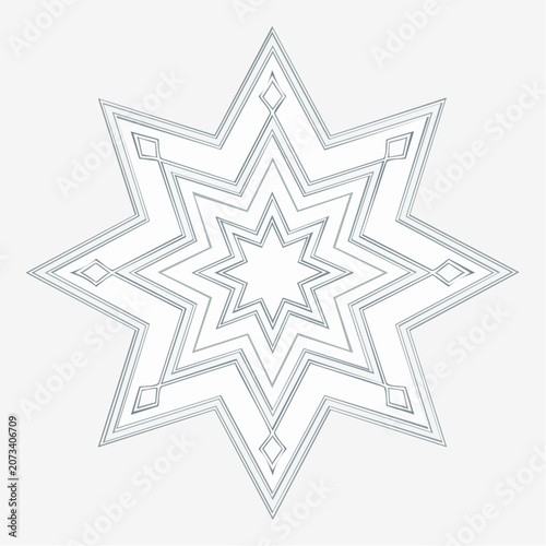 A detailed gray star shaped mandala illustration with multiple layers and diamond accents on a white background showcasing geometric patterns and symmetry.