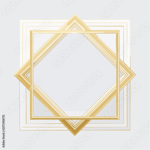 Geometric shapes form a decorative gold frame on a white background with interlocking squares and lines creating a sense of depth and luxury.