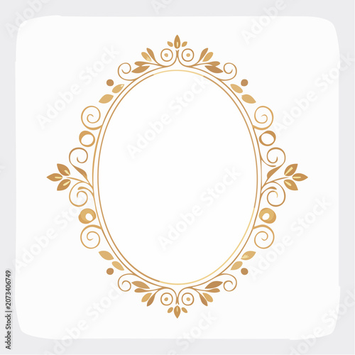 An ornate gold floral frame with swirling patterns and leaves is centered on a white background for illustration purposes.