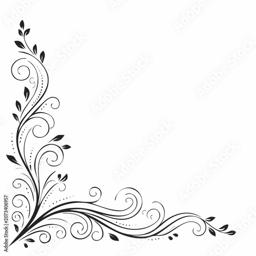 An intricate black floral design swirls at the bottom left corner on a white background with leaves and vines.