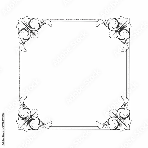 An ornate rectangular frame with floral designs and swirling patterns is drawn on a white background.