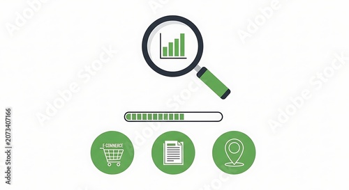 A magnifying glass zooms in on a green bar chart surrounded by shopping cart, document, and location icons on a white background.