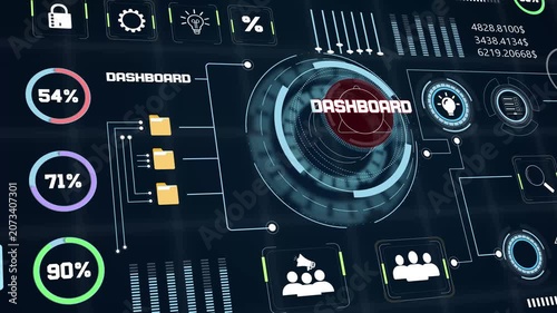 Business interface animation featuring corporate statistical data graphics with financial percentage growth and analytics info