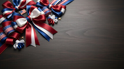4 July Independence Day Ribbons in red, white, and blue patterns are arranged in a corner cluster on a dark wooden surface.