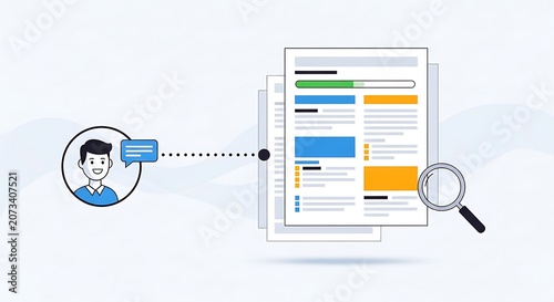 A person searches through a detailed document with a magnifying glass illustration.