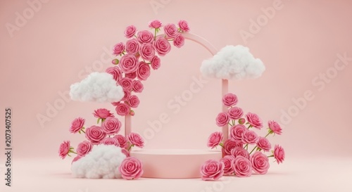 A minimalist archway adorned with vibrant pink flowers and fluffy white clouds.