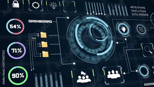 Corporate management display showing financial analytics data alongside animated business statistic charts and progress info