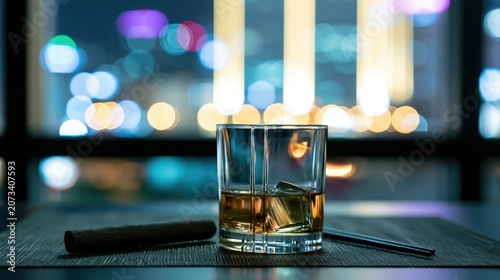 Whiskey Glass and Cigar With Night Bar City Lights