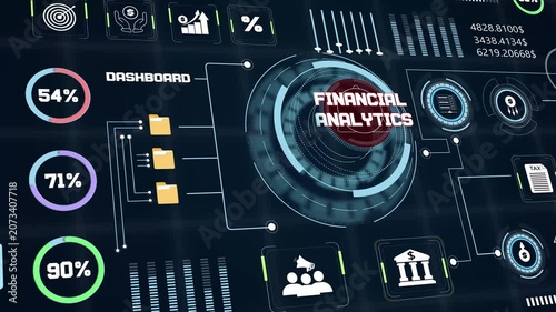 Financial analytics screen animation featuring business statistics with corporate data charts and percentage growth info
