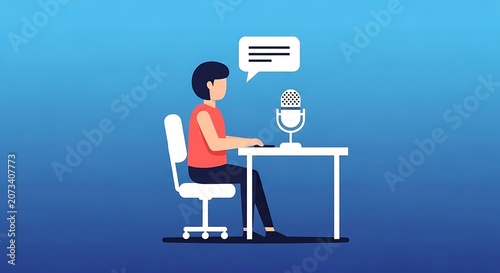 A woman sits at a desk speaking into a microphone with a computer.
