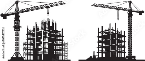 Construction site silhouettes with tower cranes and building frames for architectural development projects in vector illustration format