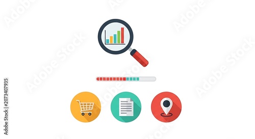 A colorful illustration of a magnifying glass with a bar chart over various icons including a shopping cart, document, and location pin on a white background