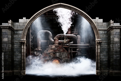 Surreal Gothic Stone Arch With Industrial Steam Machinery