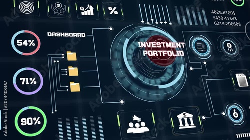 Financial wealth optimization background focusing on investment portfolio details using modern technical hud screen design elements