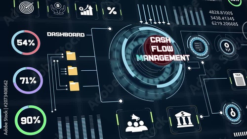 Cash flow management system tracking corporate liquidity movement with interactive percentage graphs and financial analytics charts