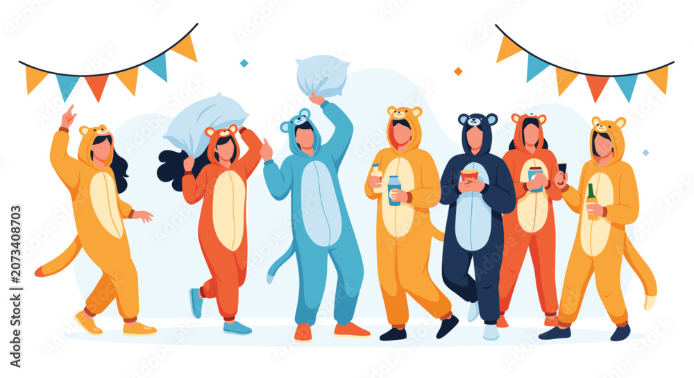 Fototapeta premium Group of happy diverse friends in cute animal onesie pajamas enjoy a pillow fight and dance at a festive party.