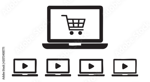 Online shopping icons set with laptop computer shopping cart and video player interface symbols.