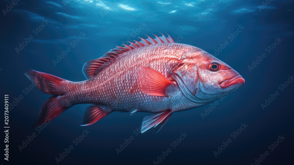 Fototapeta premium Vibrant red snapper swimming in deep blue ocean.