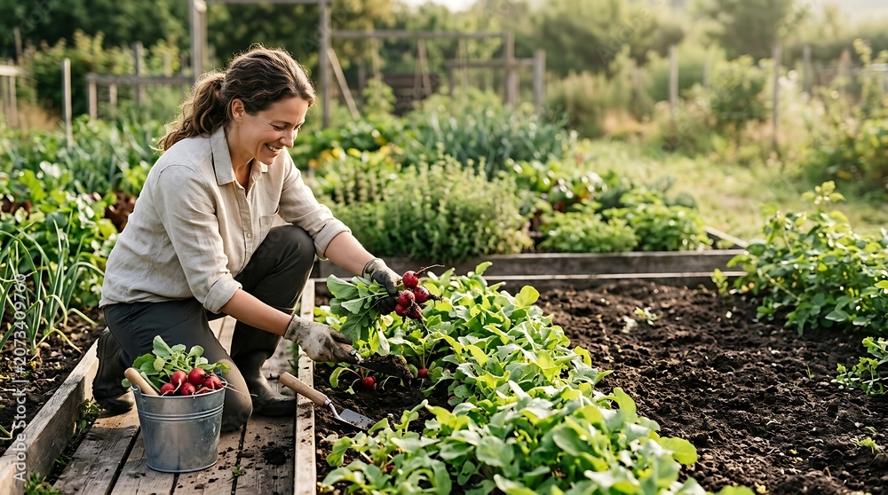 Fototapeta premium Smiling woman harvesting fresh radishes in an organic garden