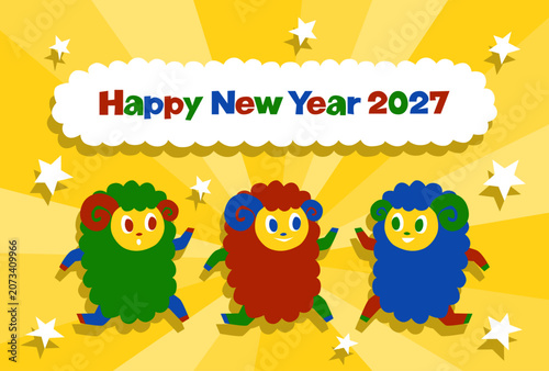 2027年未年の年賀状: ポップでカラフルな3匹の羊