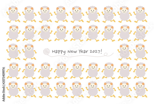 2027年未年の年賀状: 並んだ羊と毛糸玉