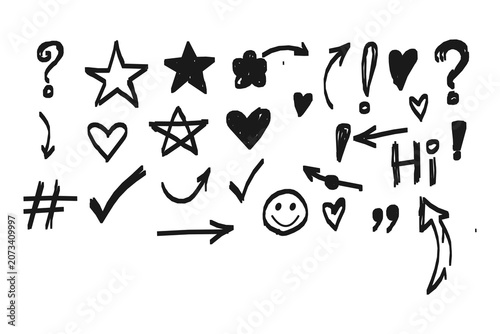 Hand drawn doodle arrows stars hearts and exclamation mark symbols set, black marker sketch checklist tick marks, question signs, and hand-written hi lettering elements isolated on white background