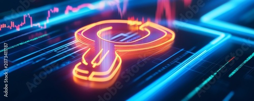 Glowing orange magnifying glass icon centered on a high-tech blue digital stock market data interface, 3D render concept,Fintech,Cybersecurity