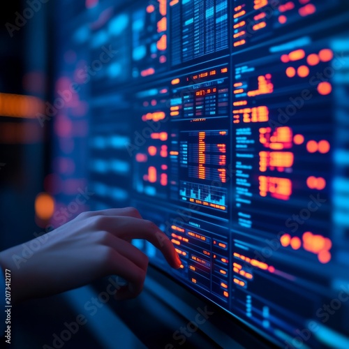 Image analysis A human hand interacting with a futuristic, glowing digital interfacedashboard. Composition Close-upmedium shot of a hand pointingtouching a screen. The screen is filled