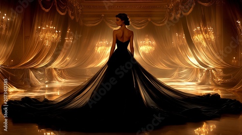 Woman Wearing Black Evening Gown in Luxurious Golden Ballroom