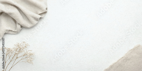 Bild auf Leinwand Top view creative background with draped textile and dried flowers flat lay stil