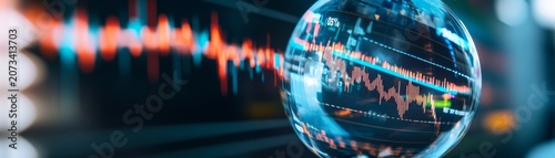 Macro close-up of a glass sphere refracting glowing orange and blue digital financial stock market graphs, conceptualizing data analysis and market volatility,Fintech,Data