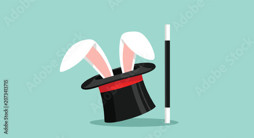 Classic magician's black top hat with rabbit ears popping out next to a magic wand on a light blue background.