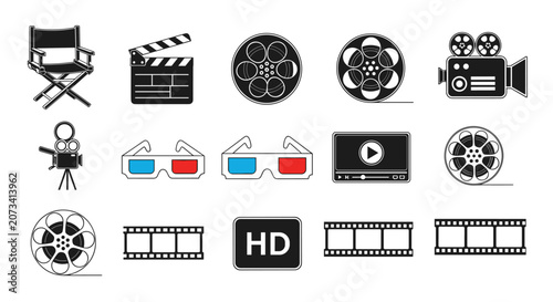 Collection of various movie and cinema related icons including cameras, film reels, 3d glasses, and a director chair.