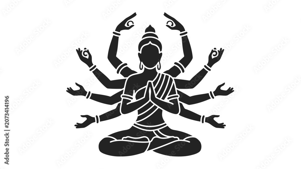 Fototapeta premium Silhouette of a Multi-Armed Goddess Meditating in Lotus Position, isolated white background, spiritual serenity.