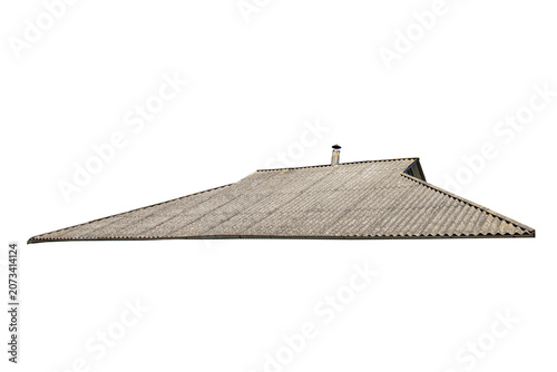 Corrugated roof geometry with sloping trapezoidal panels and chimney pipe