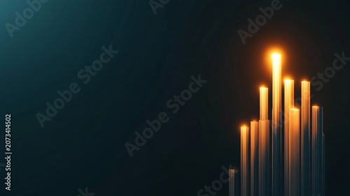 Minimalist 3D render of illuminated golden vertical pillars against a dark blue background, symbolizing growth and technological progress, Abstract, Modern