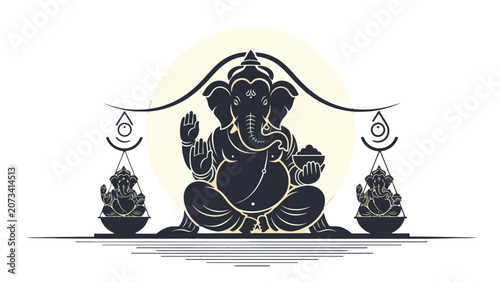 Foto Serene Silhouette of Lord Ganesha Meditating with Offerings and Traditional Deco
