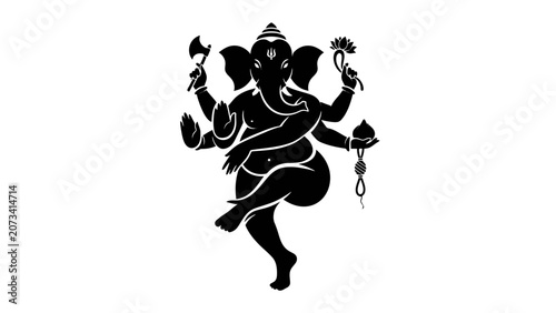 Bild auf Leinwand Dynamic black silhouette of a dancing Lord Ganesha, depicting movement and joy, a Hindu deity with elephant head, on an isolated white background