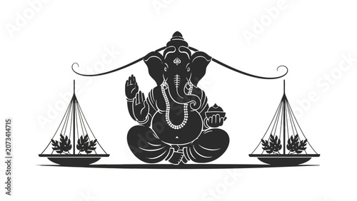 Tableau sur toile Spiritual black silhouette of Lord Ganesha sitting majestically on a balanced scale with lotus flowers, symbolizing wisdom, balance, and prosperity, on an isolated white background