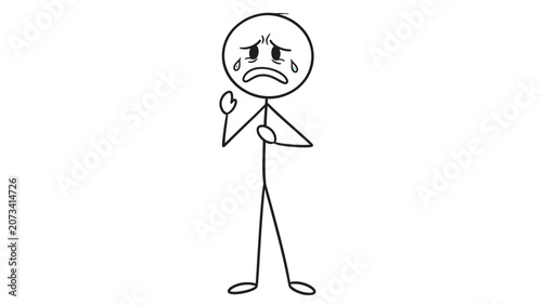 Foto Simple black and white stick figure cartoon showing a person crying and looking upset, expressing sadness and emotional distress, on an isolated white background