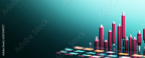 Subject A 3D financial candlestick chart. Colors Pinkmagenta bars, turquoiseteal gradient background. Composition Close-up, low-angleisometric perspective, shallow depth of field