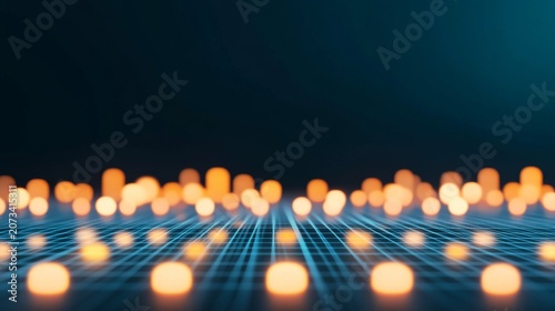 Subject A glowing digital gridmesh with bokeh light particles. Composition Low-angle perspective, grid stretching into the distance, shallow depth of field (bokeh), dark background.
