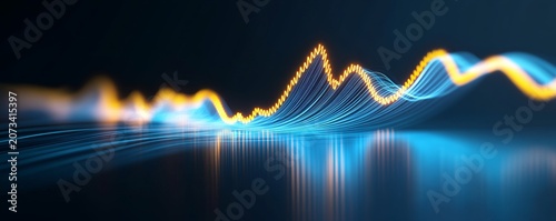 Subject Abstract glowing wave patterns (oscillations, frequencies, or sound waves). Colors Glowing blue, vibrant orangeyellow, dark navyblack background. Composition Dynamic flowing