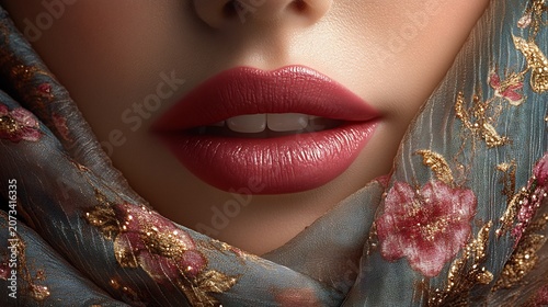 Woman Lips with Red Lipstick Wearing Scarf with Pink Flowers and Gold Embroidery