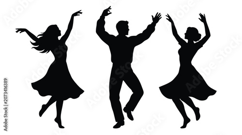Three elegant dancing figures depicted as black silhouettes against a clean and bright white background area
