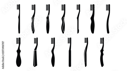 A collection of various black toothbrush silhouettes featuring diverse handle shapes arranged in neat rows