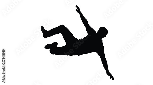 Black silhouette of a man jumping in mid air with arms extended in a dynamic pose
