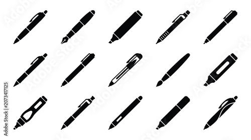 A collection of various black writing pens and markers displayed as simple flat vector icons