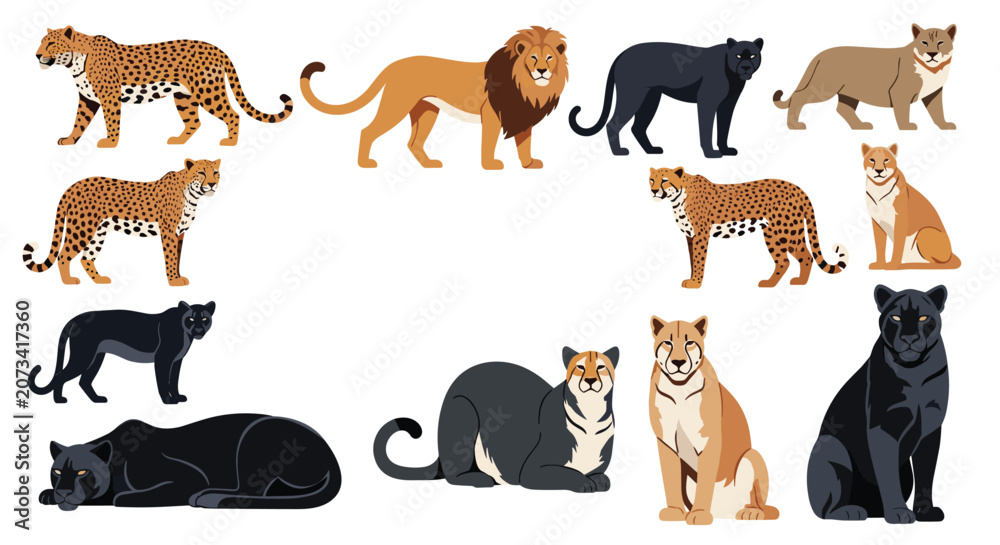 Obraz premium Beautiful set of wild big cats including lions, leopards, cheetahs, and panthers in various natural poses.